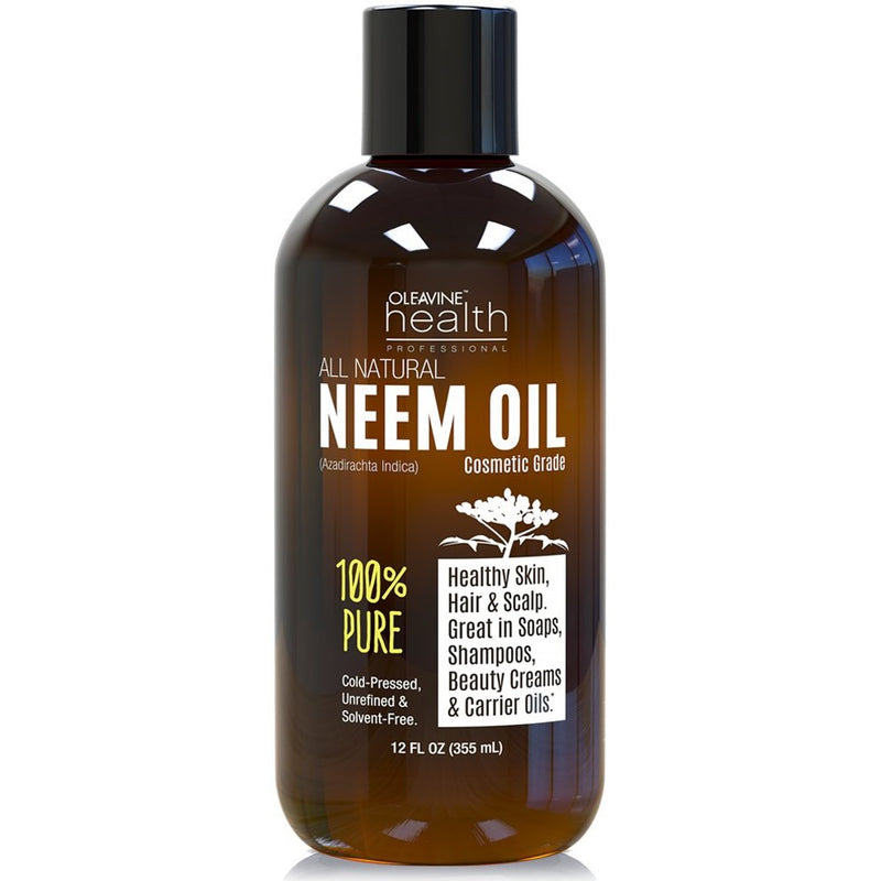 Neem Oil Organic & Wild Crafted Pure Cold Pressed Unrefined Cosmetic Grade 12 oz for Skincare, Hair Care, and Natural Bug Repellent by Oleavine