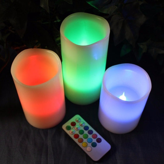 3pc LED Flameless Candles 4" 5" 6" Pillar 12 Color Changing w/ Remote No Flame