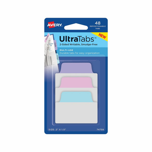 Avery Multiuse Ultra Tabs, 2" x 1.5", 2-Side Writable, Pastel Blue/Pink/Purple, 48 Repositionable Tabs (74758)