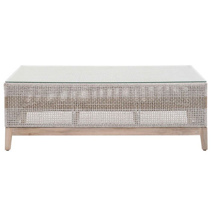 Interwoven Rope Wooden Coffee Table with Glass Top, Gray and Brown