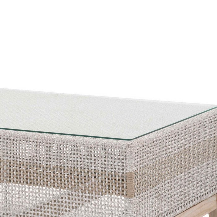 Interwoven Rope Wooden Coffee Table with Glass Top, Gray and Brown