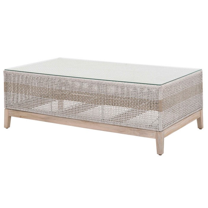 Interwoven Rope Wooden Coffee Table with Glass Top, Gray and Brown
