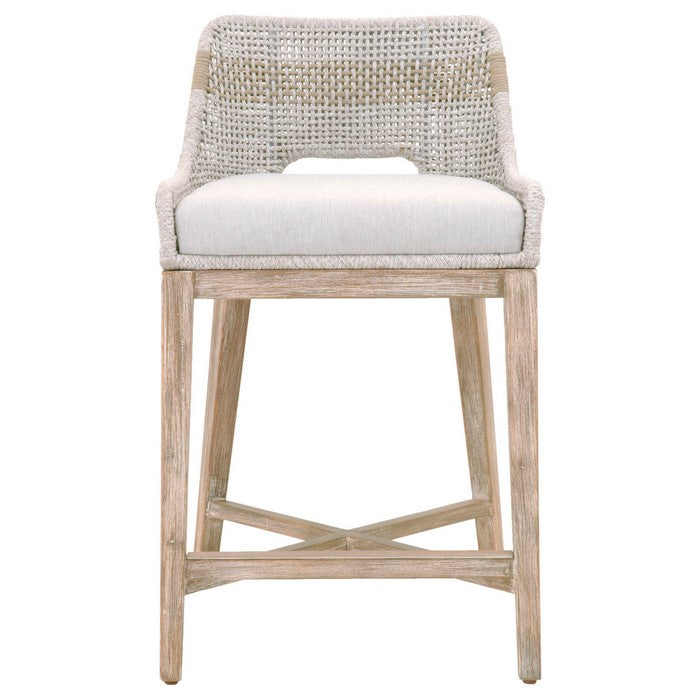 Interwoven Rope Counter Stool with Stretcher and Cross Support, Light Gray