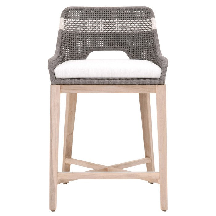 Interwoven Rope Counter Stool with Flared Legs and Cross Support, Dark Gray