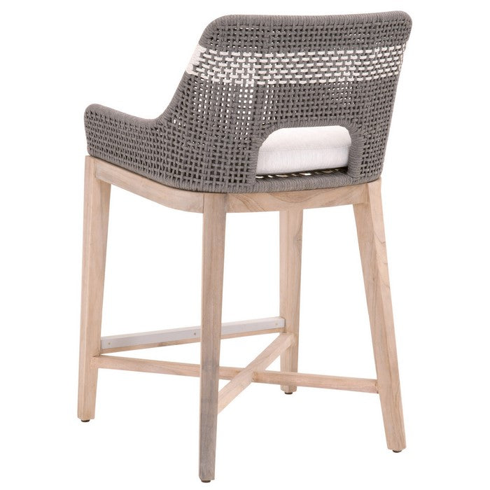 Interwoven Rope Counter Stool with Flared Legs and Cross Support, Dark Gray
