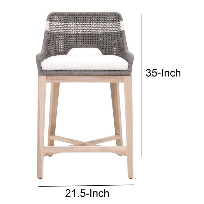 Interwoven Rope Counter Stool with Flared Legs and Cross Support, Dark Gray
