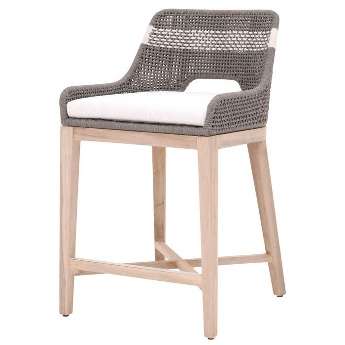 Interwoven Rope Counter Stool with Flared Legs and Cross Support, Dark Gray