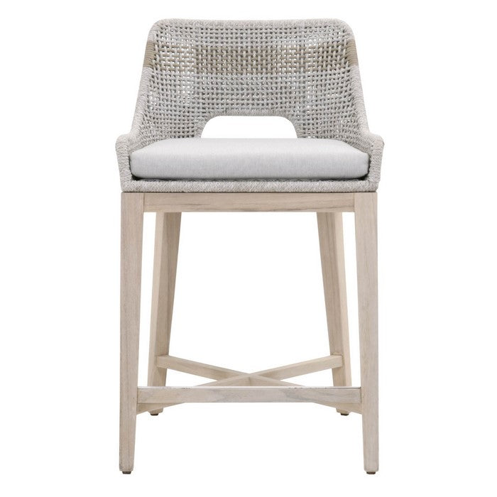 Interwoven Rope Counter Stool with Flared Legs and Cross Support, Gray