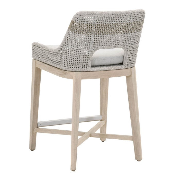 Interwoven Rope Counter Stool with Flared Legs and Cross Support, Gray