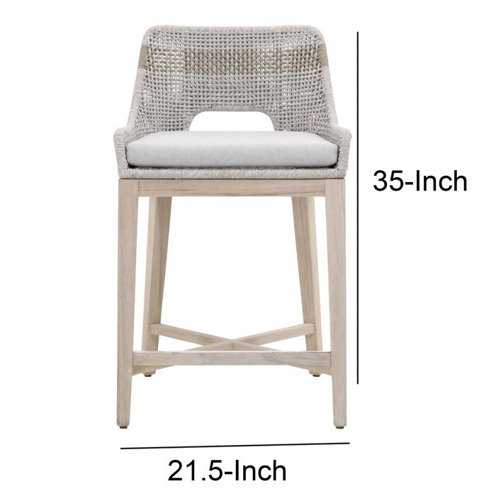 Interwoven Rope Counter Stool with Flared Legs and Cross Support, Gray