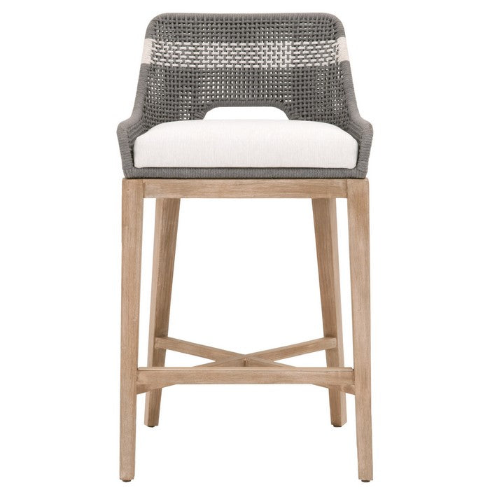 Interwoven Rope Barstool with Flared Legs and Cross Support, Dark Gray