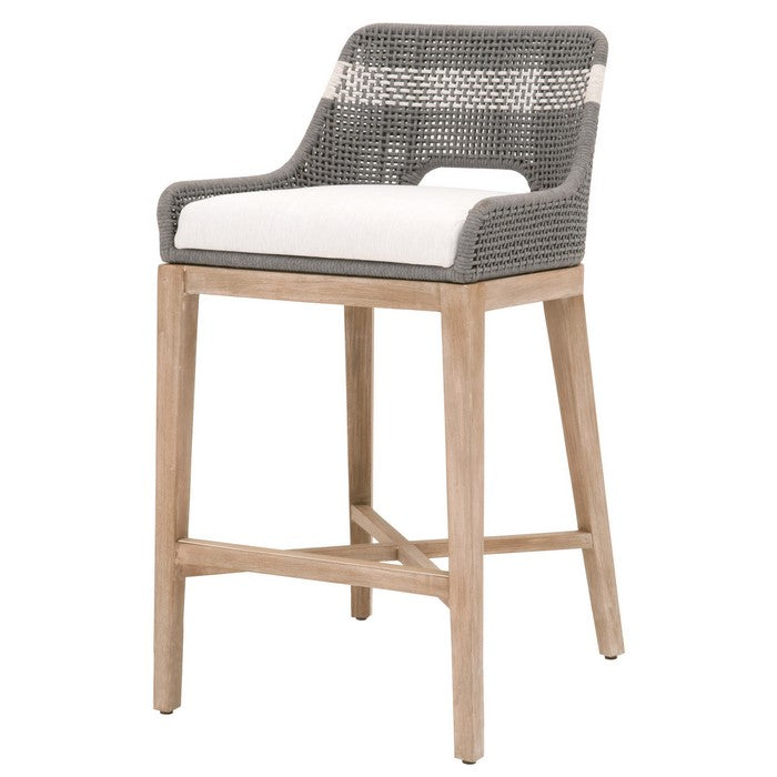 Interwoven Rope Barstool with Flared Legs and Cross Support, Dark Gray