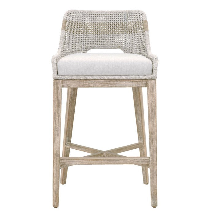 Interwoven Rope Barstool with Flared Legs and Cross Support, Gray