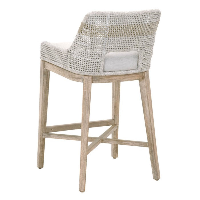 Interwoven Rope Barstool with Flared Legs and Cross Support, Gray
