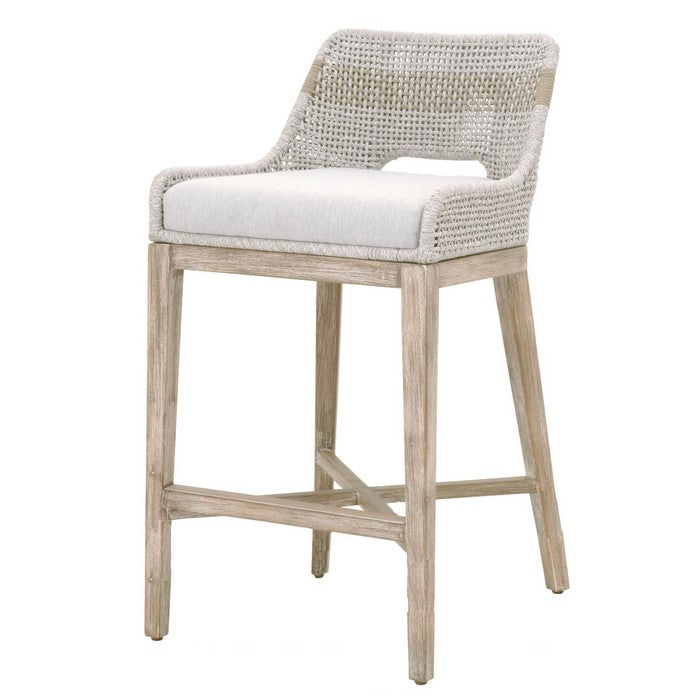 Interwoven Rope Barstool with Flared Legs and Cross Support, Gray