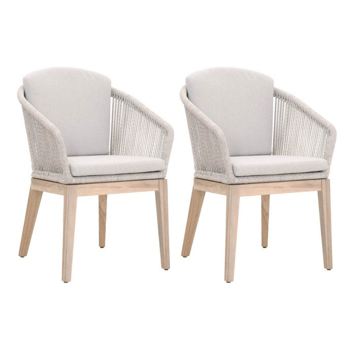 Curved Wooden Frame Arm Chair with Rope Weaving, Set of 2, Gray and Brown