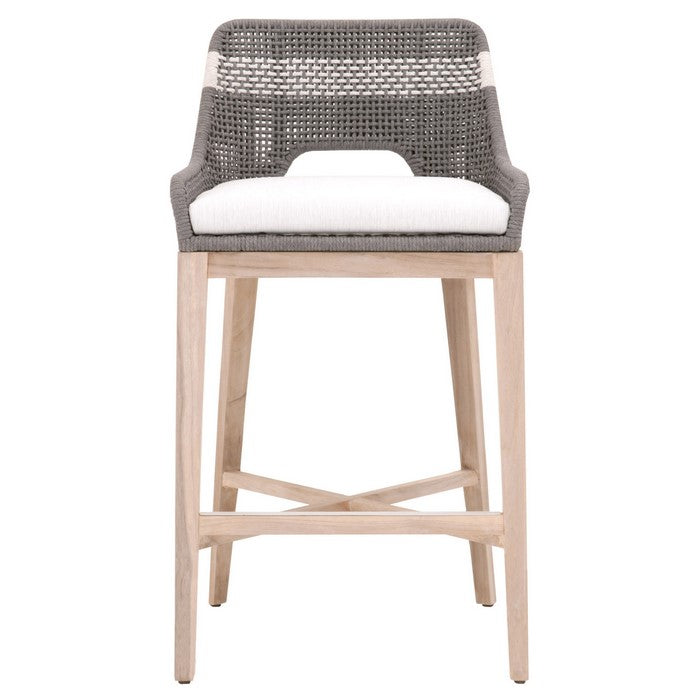 Interwoven Rope Barstool with Stretcher and Cross Support, Dark Gray