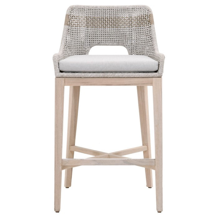 Interwoven Rope Barstool with Stretcher and Cross Support, Light Gray