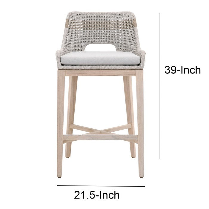 Interwoven Rope Barstool with Stretcher and Cross Support, Light Gray