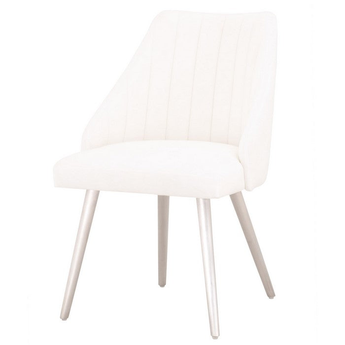 Channel Tufted Dining Chair with Metal Legs, Set of 2, White and Silver