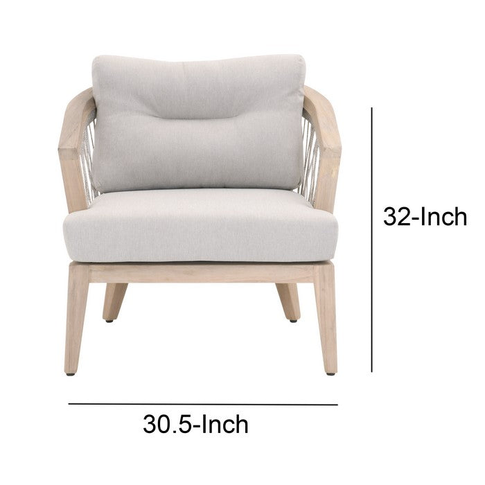 Curved Rope Woven Outdoor Wooden Frame Club Chair, Gray and Brown