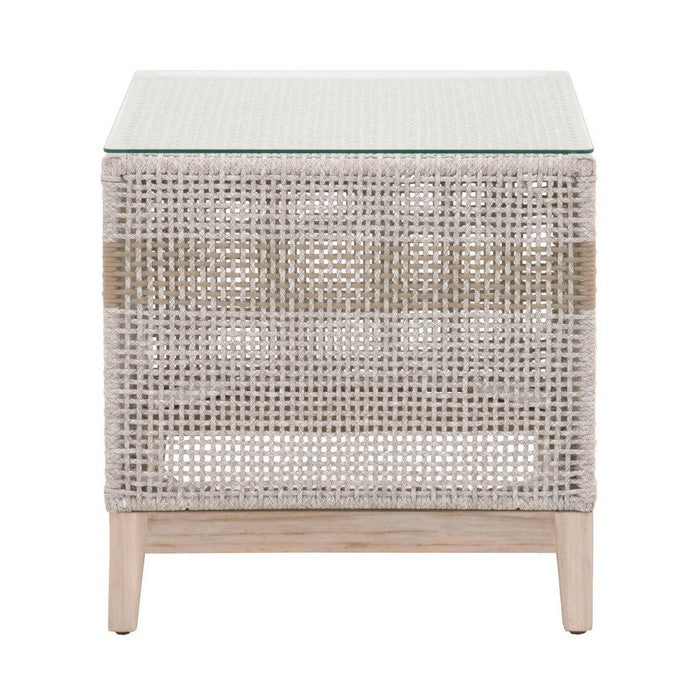 Glass Top End Table with Interwoven Rope Design Frame, Gray and Brown