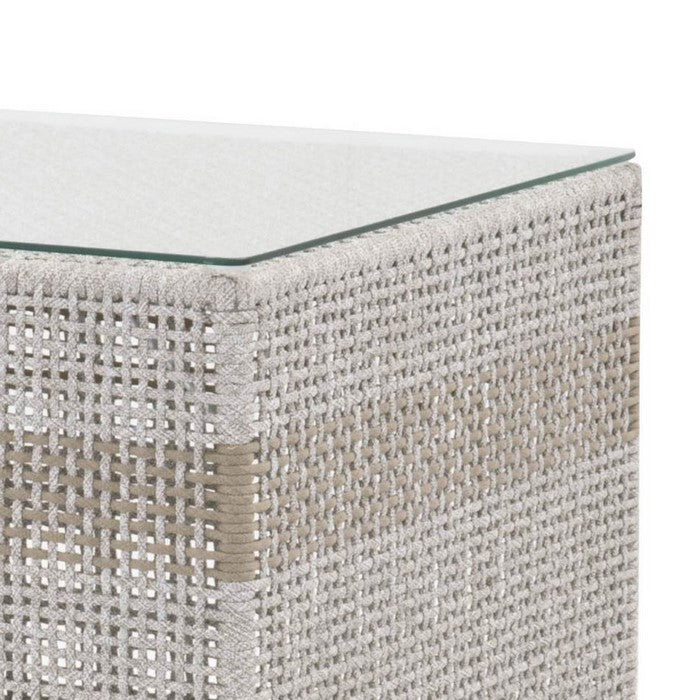 Glass Top End Table with Interwoven Rope Design Frame, Gray and Brown