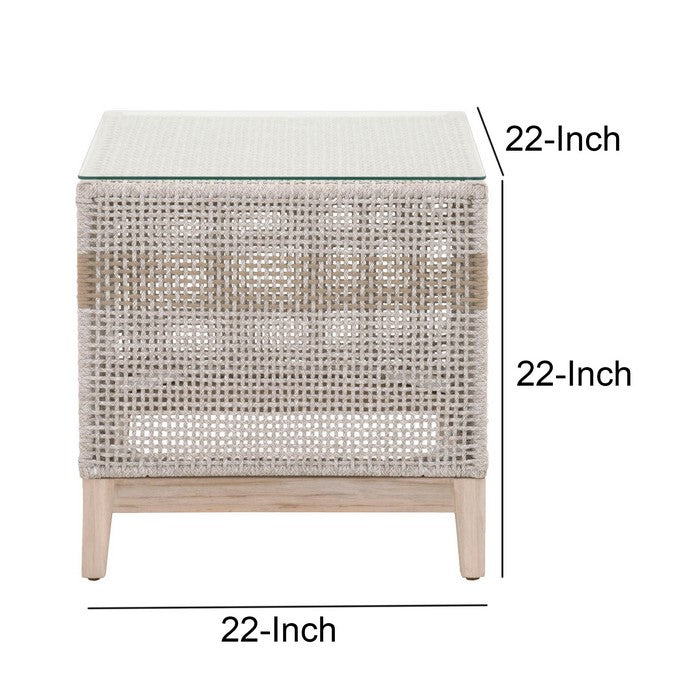 Glass Top End Table with Interwoven Rope Design Frame, Gray and Brown