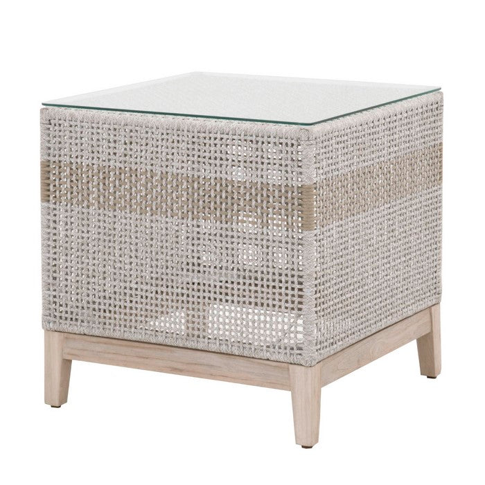 Glass Top End Table with Interwoven Rope Design Frame, Gray and Brown