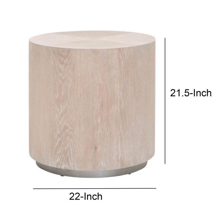 Round Grained Wooden Frame End Table with Metal, Large, Brown and Gray