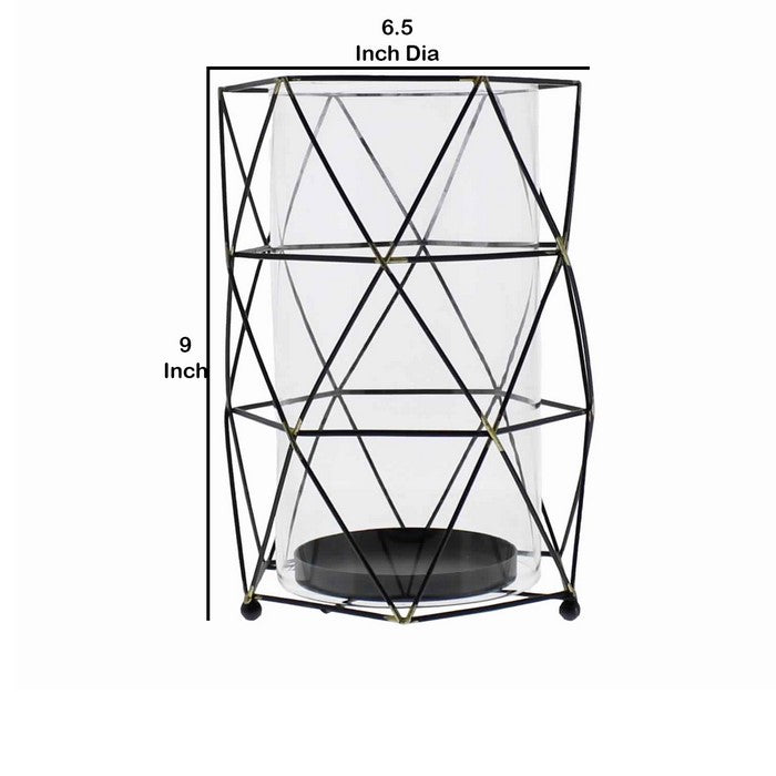 Glass Hurricane Candle Holder with Metal Wire Frame, Black