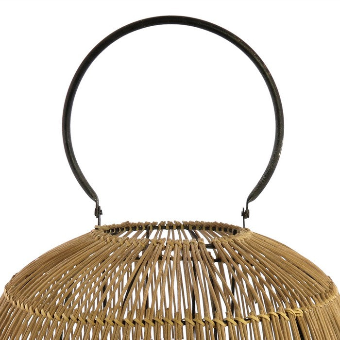 Metal and Rattan Lantern with Glass Hurricane, Brown and Black