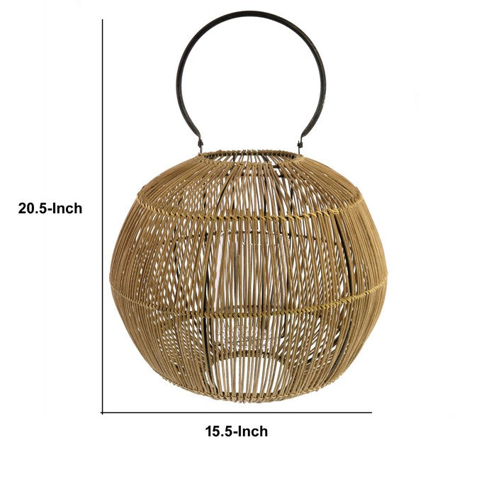 Metal and Rattan Lantern with Glass Hurricane, Brown and Black
