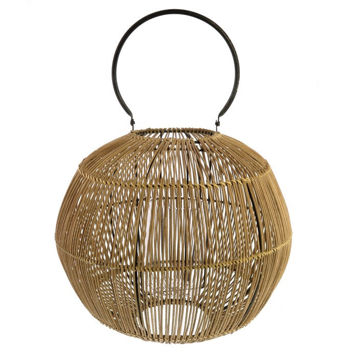 Metal and Rattan Lantern with Glass Hurricane, Brown and Black