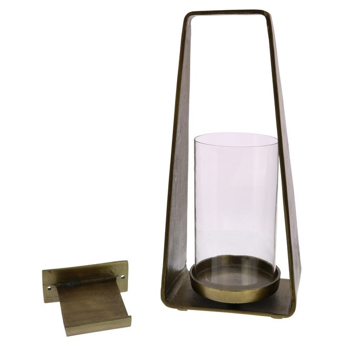 Metal Wall Sconce with Glass Hurricane and Hook, Brass
