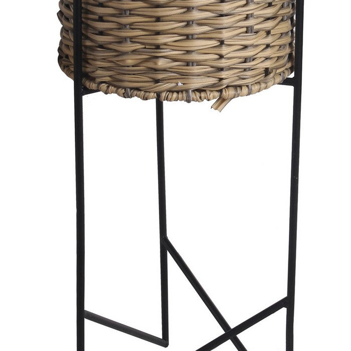 Rattan Woven Planter with Metal Tubular Base, Set of 3, Brown and Black