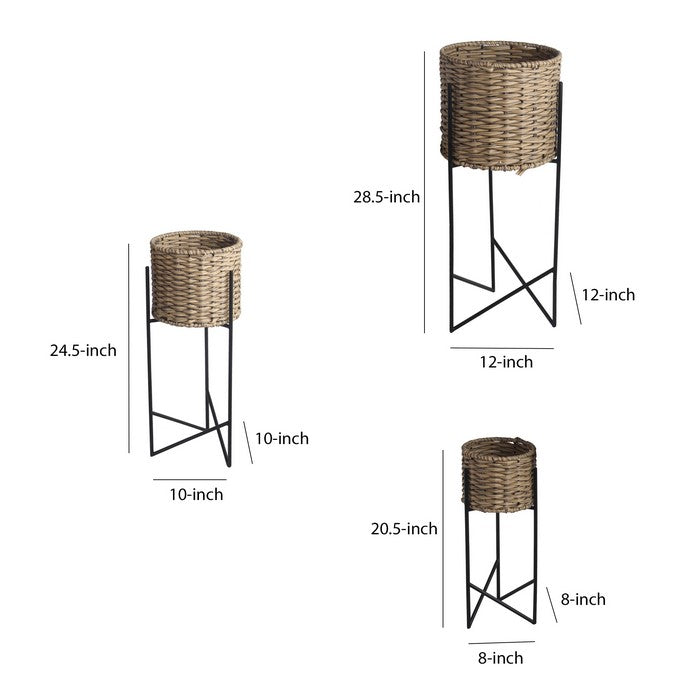 Rattan Woven Planter with Metal Tubular Base, Set of 3, Brown and Black