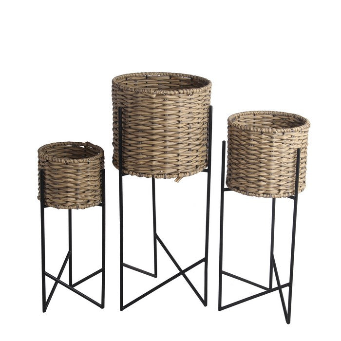 Rattan Woven Planter with Metal Tubular Base, Set of 3, Brown and Black