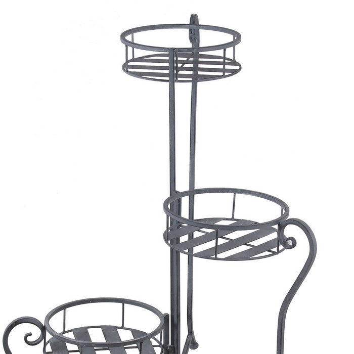 Adjustable 3 Tier Metal Plant Stand with Round Slatted Top, Gray