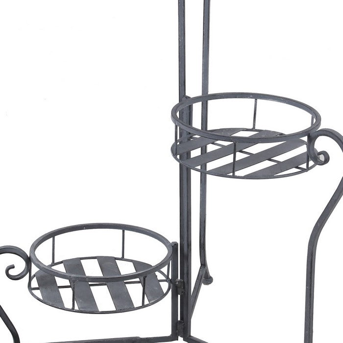 Adjustable 3 Tier Metal Plant Stand with Round Slatted Top, Gray
