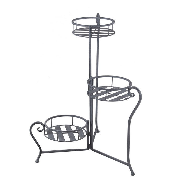 Adjustable 3 Tier Metal Plant Stand with Round Slatted Top, Gray