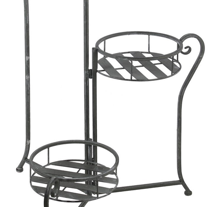 Adjustable 3 Tier Metal Plant Stand with Round Slatted Top, Black
