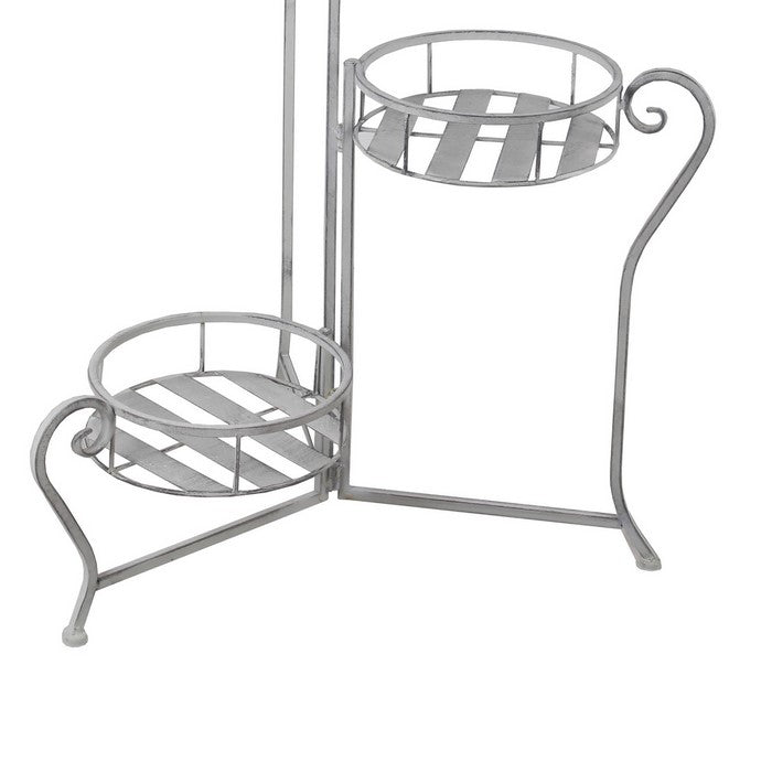 Adjustable 3 Tier Metal Plant Stand with Round Slatted Top, Washed White