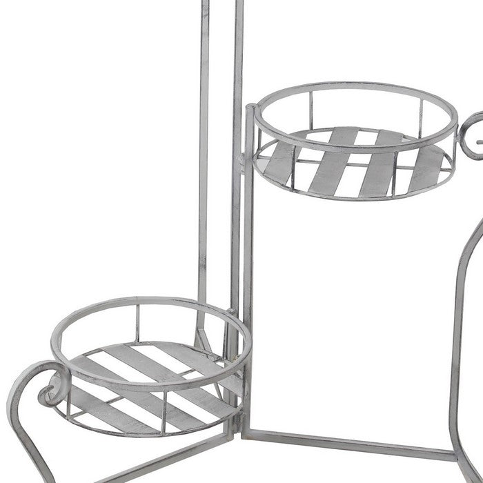 Adjustable 3 Tier Metal Plant Stand with Round Slatted Top, Washed White