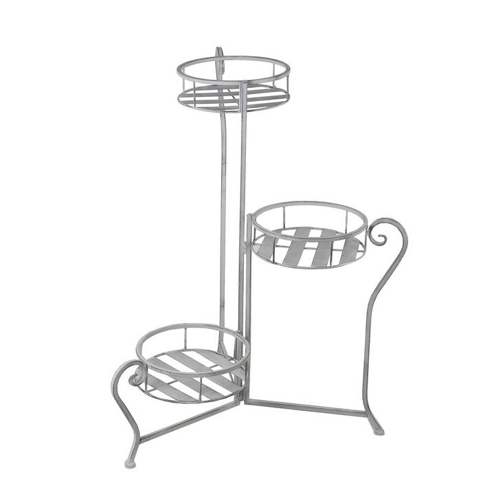 Adjustable 3 Tier Metal Plant Stand with Round Slatted Top, Washed White