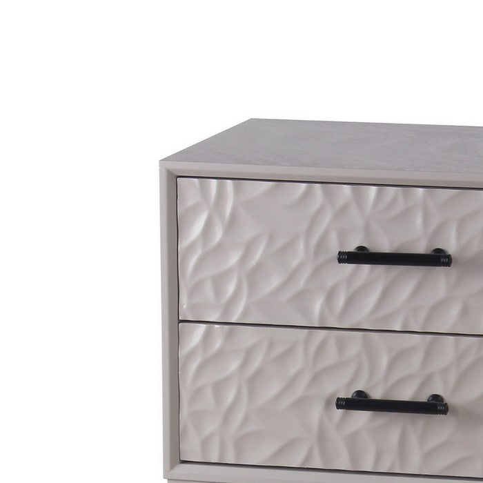 2 Drawer Wooden Accent Stand with Leaf Embossed Texture, Gray