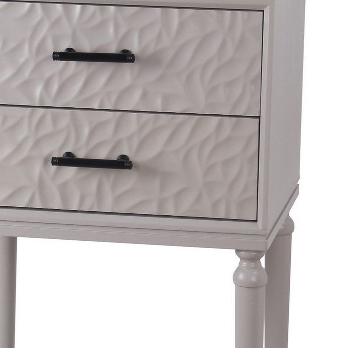 2 Drawer Wooden Accent Stand with Leaf Embossed Texture, Gray