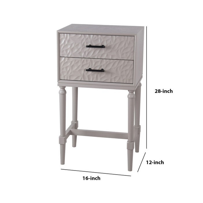 2 Drawer Wooden Accent Stand with Leaf Embossed Texture, Gray