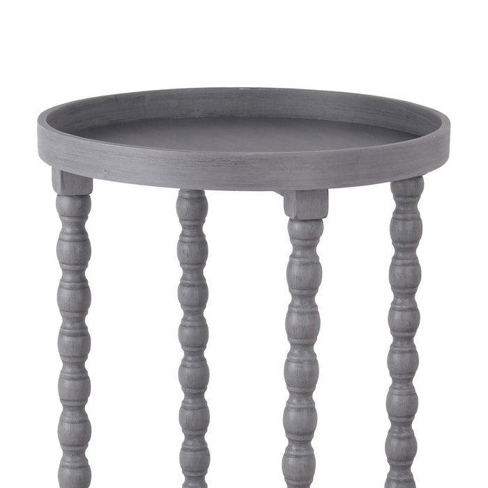 Wooden Round Accent Table with Tray Top and Beaded Turned Legs, Gray