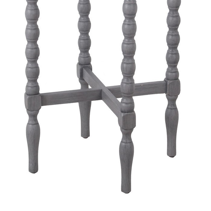 Wooden Round Accent Table with Tray Top and Beaded Turned Legs, Gray